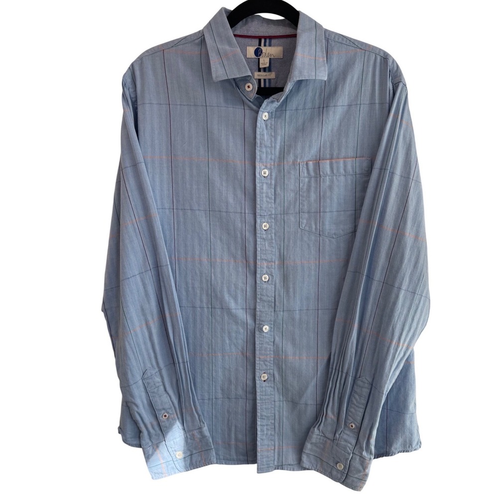 Boden Mens Regular Fit Blue Windowpane Cotton Shirt size L